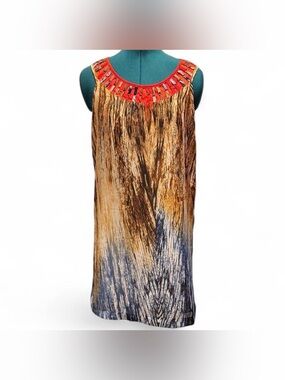 Madison Paige Sleeveless Brown & Orange Printed Mini Dress with Beaded Neckline